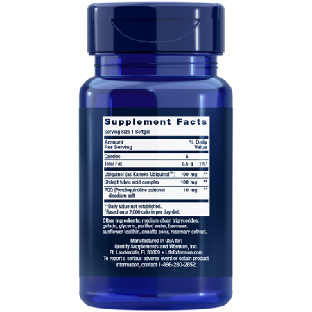 Supplement Facts label for Life Extension Super Ubiquinol CoQ10 with PQQ 100 MG