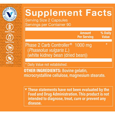 Supplement Facts label for Phase 2 Carb Controller capsules 1000 MG
