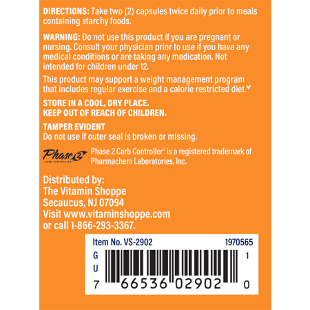 The Vitamin Shoppe Phase 2 Carb Controller Directions