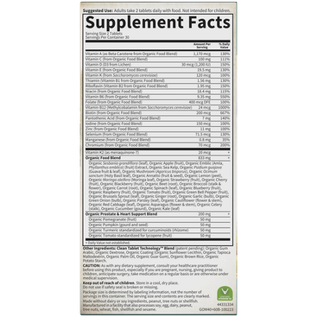 Garden of Life Organics Men's Multi 40+ Supplement Label