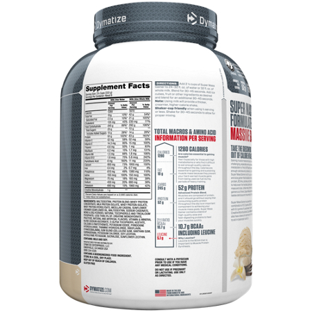 Dymatize Nutrition Super Mass Gainer label, Gourmet Vanilla