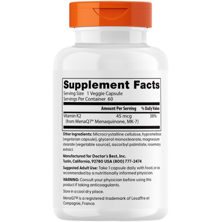 Label for Doctors Best Vitamin K2 MK7, 45 MCG Capsules