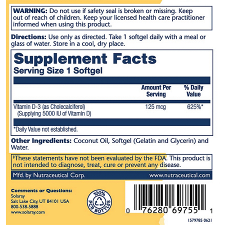Supplement Facts label for Solaray Super Bio Vitamin D-3 5000 IU Softgels