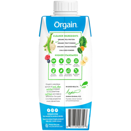 Orgain Organic Plant-Based Vegan Protein Shake Chocolate bottle back