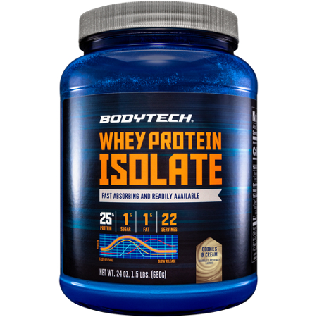 BodyTech Whey Protein Isolate Powder Cookies and Cream jar front