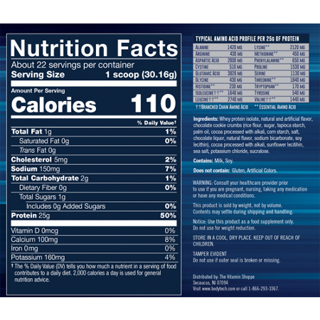 Supplement Facts label for BodyTech Whey Protein Isolate Powder Cookies & Cream
