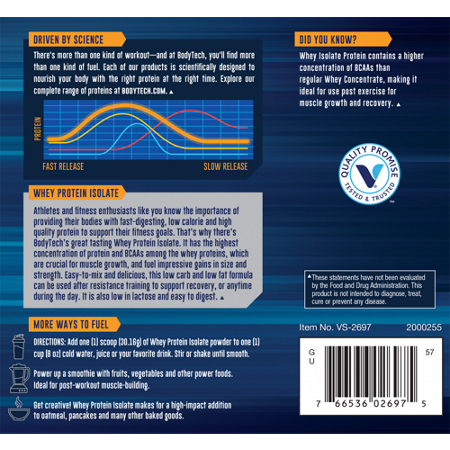 Directions for BodyTech Whey Protein Isolate Powder Cookies and Cream