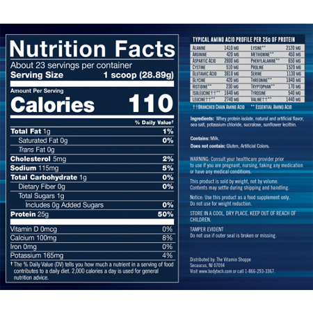 Supplement Facts label for BodyTech Whey Protein Isolate French Vanilla
