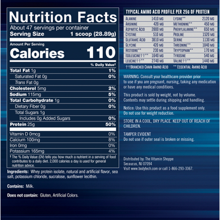 Supplement Facts label for BodyTech Whey Protein Isolate Powder French Vanilla