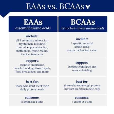 EAAs vs BCAAs comparison chart with benefits and consumption details