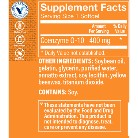 Supplement Facts label for CoQ10 400 MG Softgels