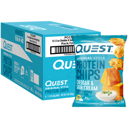 Quest Protein Chips Cheddar and Sour Cream box and bag front