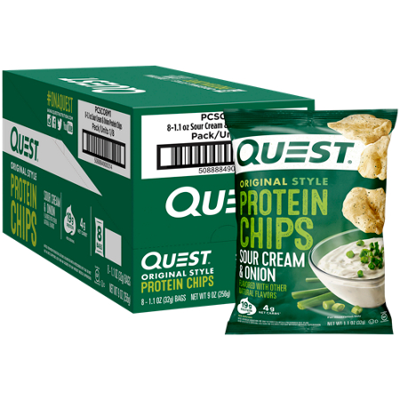 Quest Protein Chips box and bag front sour cream and onion flavor