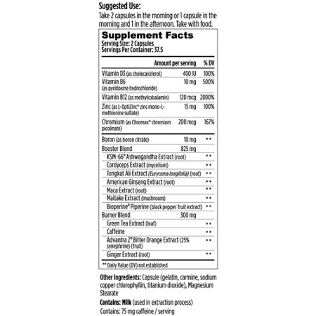 Supplement Facts label for Dream Brands M Drive Boost and Burn for Men capsules