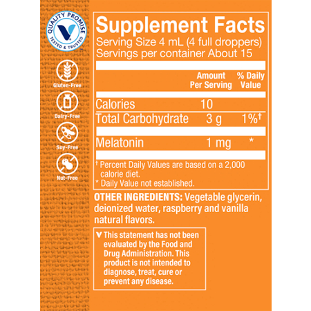 Supplement Facts label for Liquid Melatonin Sleep Support 1 MG Raspberry