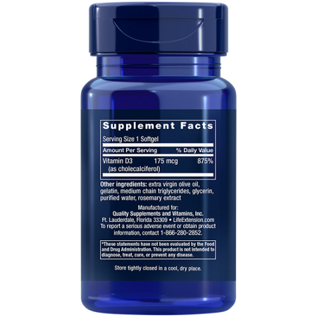 Supplement Facts label for Life Extension Vitamin D3 7000 IU Softgels