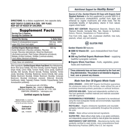 Supplement label for Nature's Plus Source of Life Vitamin D3