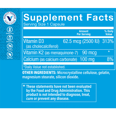 Supplement Facts label for Vitamin D3 and K2 2500 IU Supplement