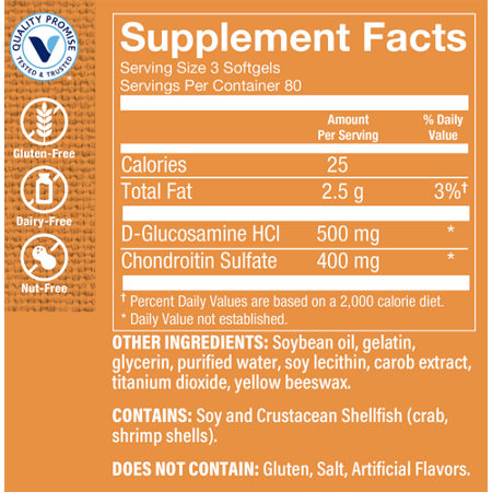 Supplement Facts label for Glucosamine & Chondroitin Sulfate Softgels