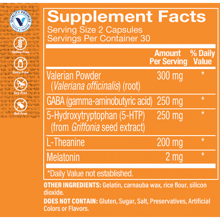 Supplement Facts label for Sleep Support Relaxation & Calming Formula capsules