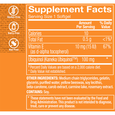 Ubiquinol CoQ10 Supplement Facts Label, 100 MG