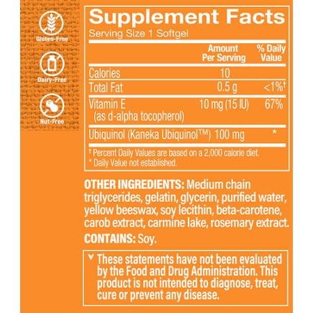 Supplement Facts label for Ubiquinol CoQ-10 Helps Energy Production 100 MG