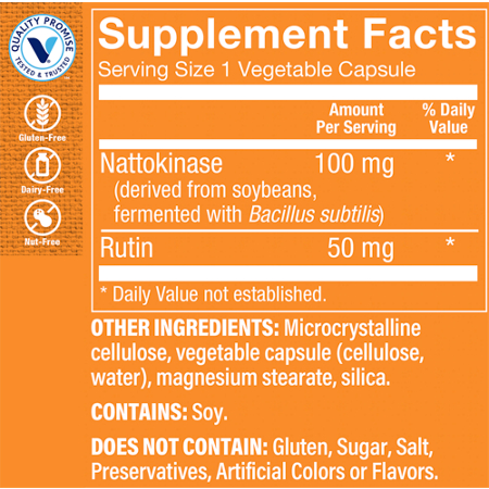 Supplement Facts label for Nattokinase with Rutin Antioxidant Support 100 MG