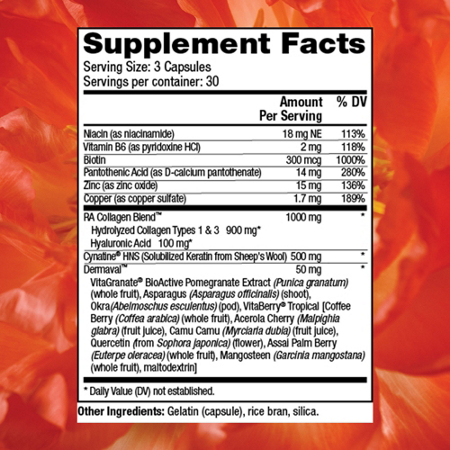 Supplement Facts label for Reserveage Nutrition Tres Beauty 3 capsules