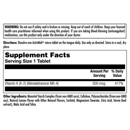 Supplement Facts label for KAL Vitamin K2 Micro Tablets 500 MCG