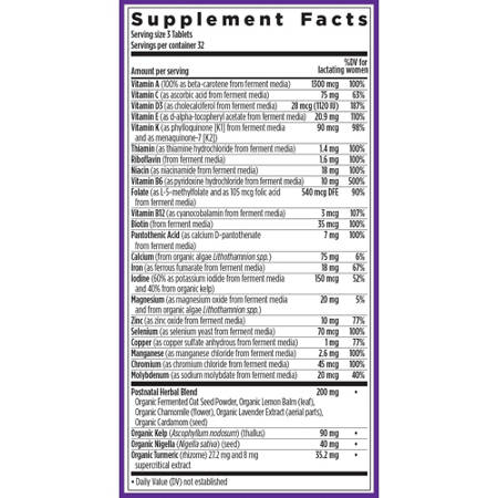 Supplement Facts label for New Chapter Organic Perfect Postnatal Multivitamin