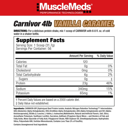 Supplement Facts label for MuscleMeds Carnivor Beef Protein Vanilla Caramel
