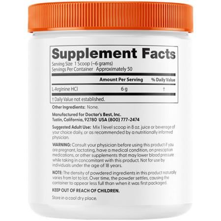 Supplement Facts label for Doctors Best L-Arginine Amino Acid Powder Vegan