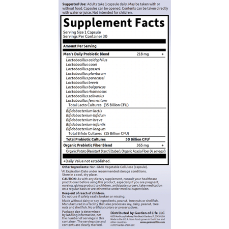 Garden of Life Men's Probiotics Supplement Facts Label
