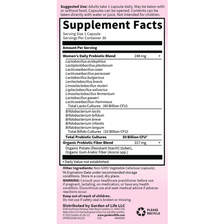 Supplement Facts label for Garden of Life Probiotic Womens 50 Billion
