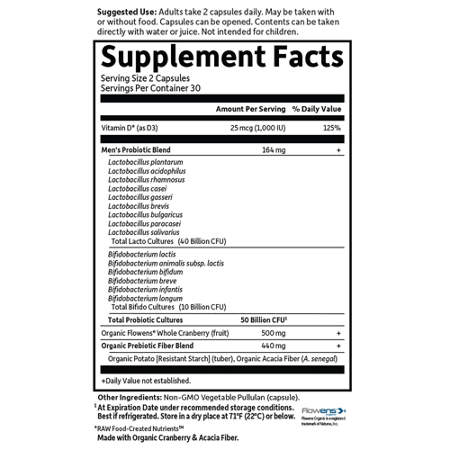 Supplement Facts label for Prostate+ 60 Vegetarian Capsules