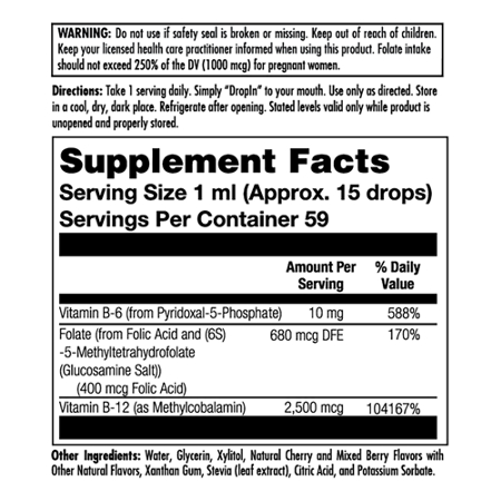 Supplement Facts label for KAL B6 B12 & Folic Acid Drops