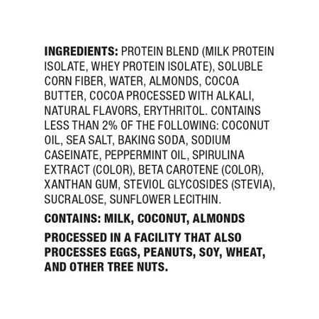 Ingredients label for Quest Mint Chocolate Chunk Protein Bar