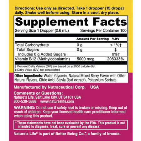 Supplement Facts label for Natures Life Vitamin B12 Drops