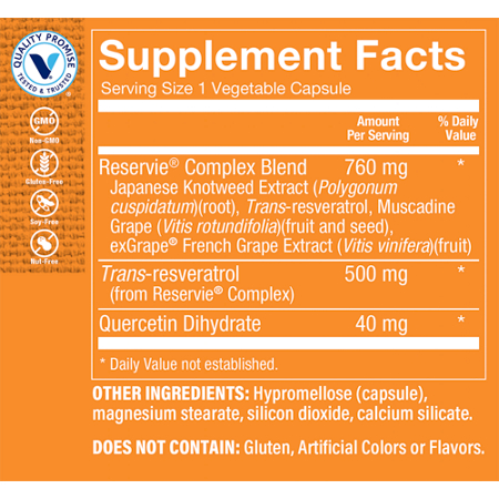 Supplement Facts label for Reservie Trans-Resveratrol Antioxidant 500 MG