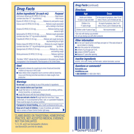 Boiron Chestal Honey: Drug Facts and Directions Label