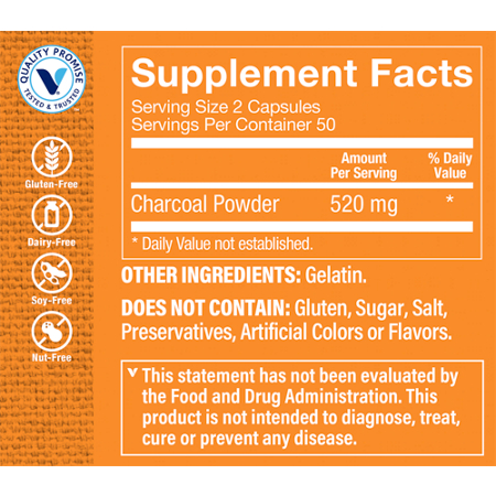 Supplement Facts label for Activated Charcoal 520 MG