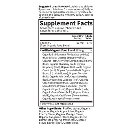 Supplement Facts label for vitamin C spray 60 MG