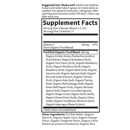 Garden of Life Vitamin C Spray Label, 60 MG Orange Tangerine