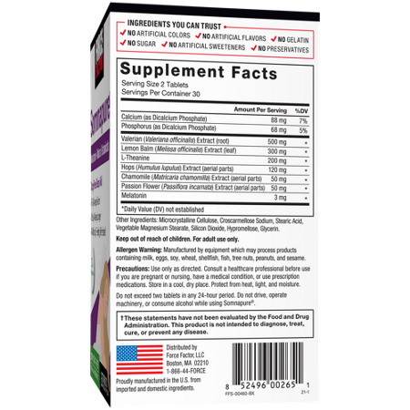 Supplement Facts label for Force Factor Somnapure Natural Sleep Aid