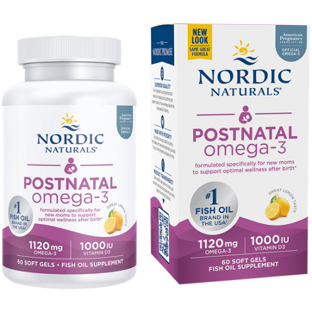 Nordic Naturals Postnatal Omega-3 softgels bottle and box front