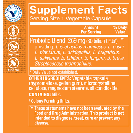 Supplement Facts label for Probiotic 30 Billion CFUs Capsules