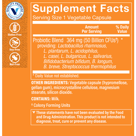 Supplement Facts label for Probiotic 50 Billion CFUs Delayed Release Capsules