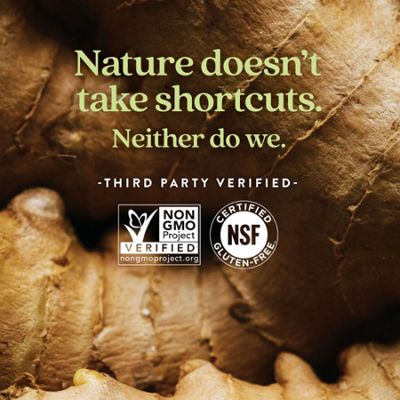 Nature text with ginger and certification logos in background