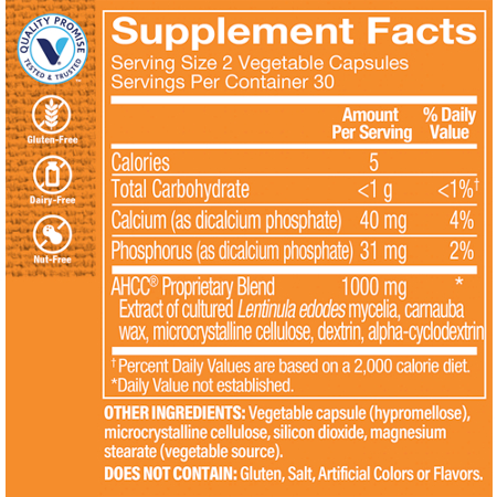 Supplement Facts label for AHCC Supplement 1000 MG