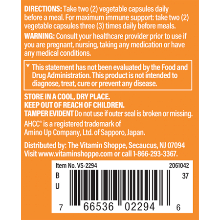 Directions for The Vitamin Shoppe AHCC Supplement 1000 MG